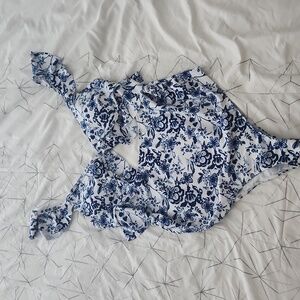 Blue & White Floral One-Piece Swimsuit - Ruffled Shoulder Detail